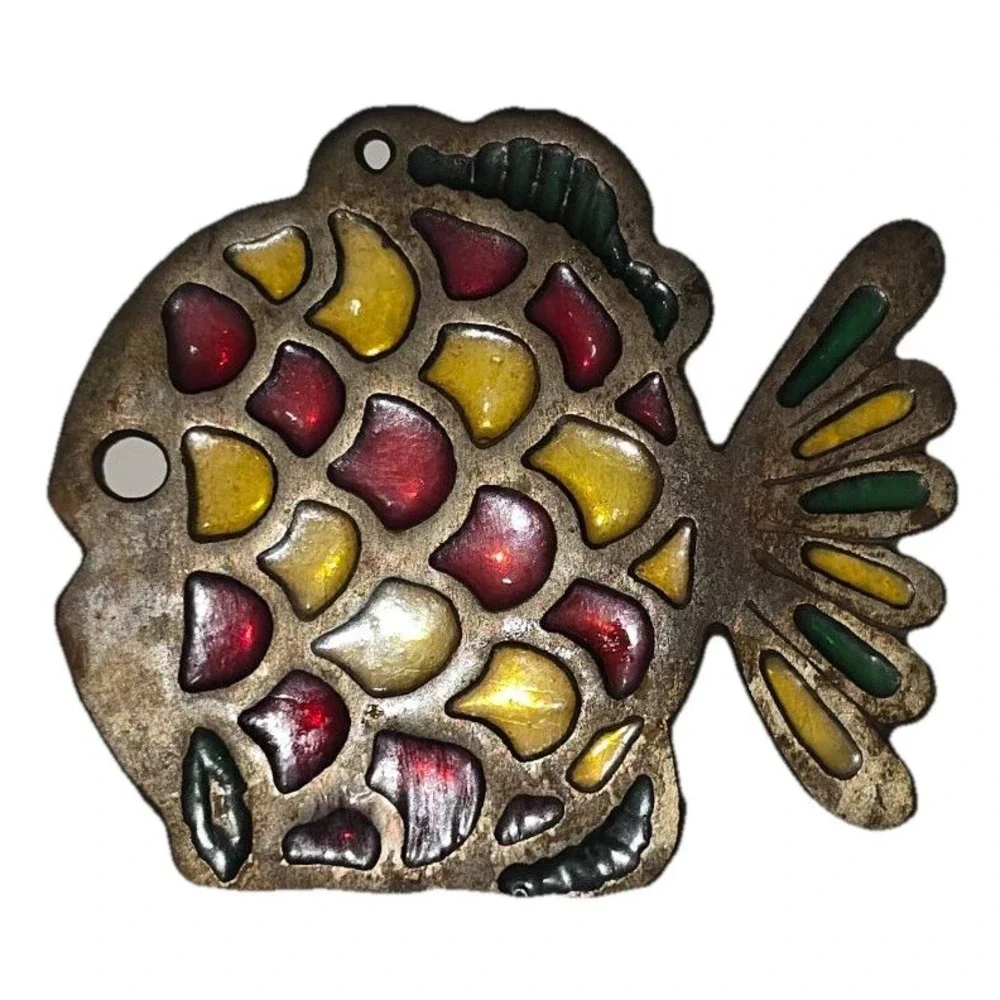 Vintage Fish Trivet Cast Metal Stained Glass Hot Plate Kitchen Pot Rest